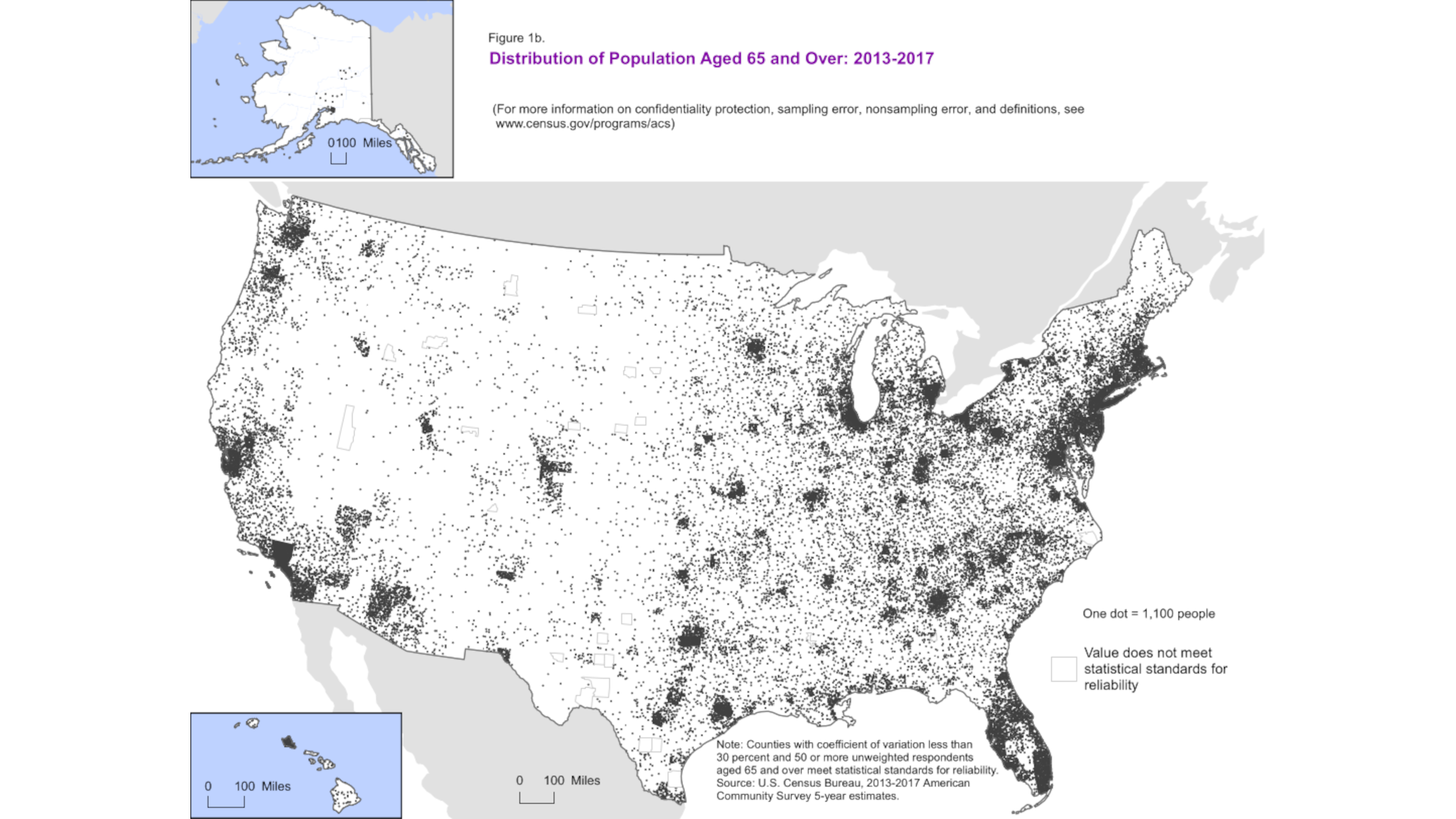 Census.gov map of the US showing the 65+ population